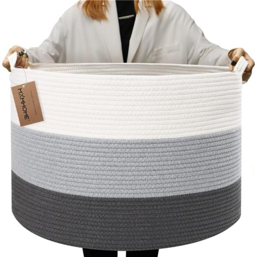 Large Cotton Rope Basket,22"x22"x14"Throw Blanket Storage for Living Room